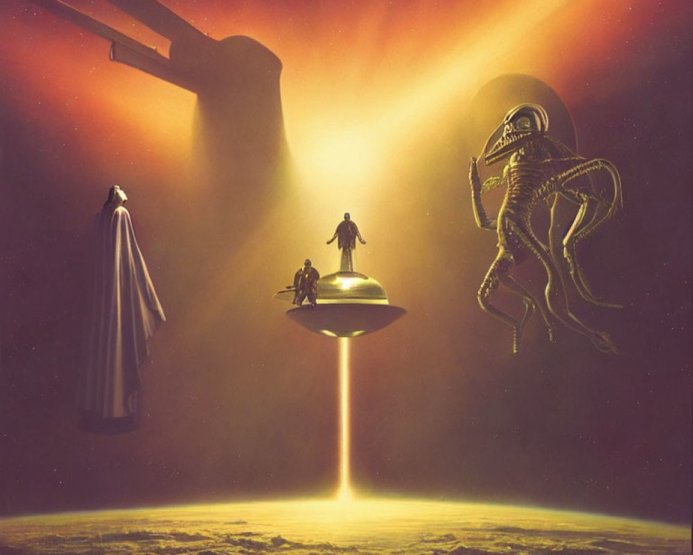 Cloaked Figure, Saucer Platform, and Astronaut Skeleton in Surreal Space Scene