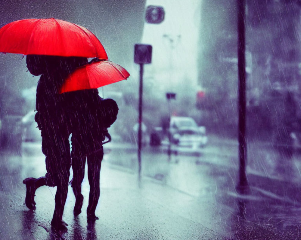 Silhouetted figures with red umbrella on rainy city street