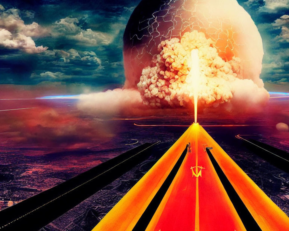 Digital artwork: Nuclear explosion on highway under stormy sky