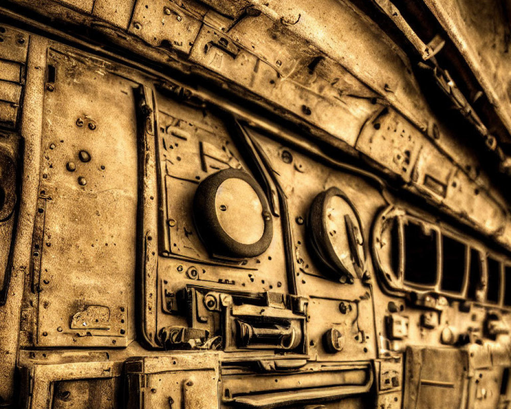 Aged dials and control panels in vintage aircraft cockpit