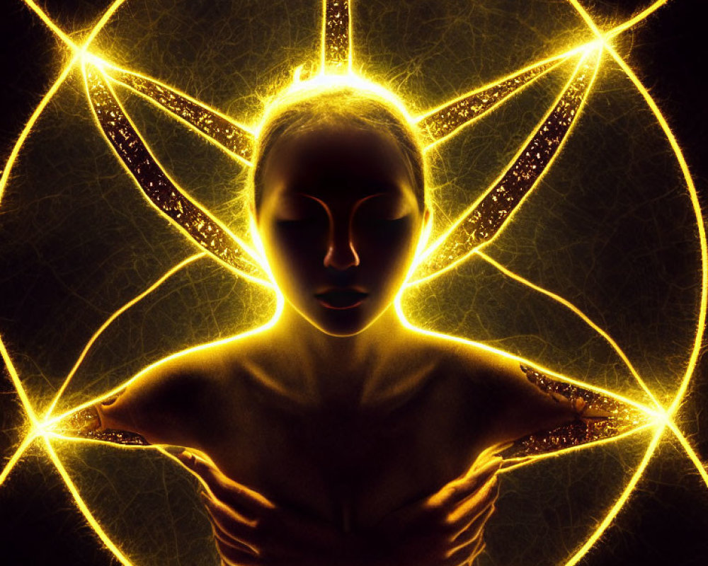 Mystical figure with glowing aura on dark background