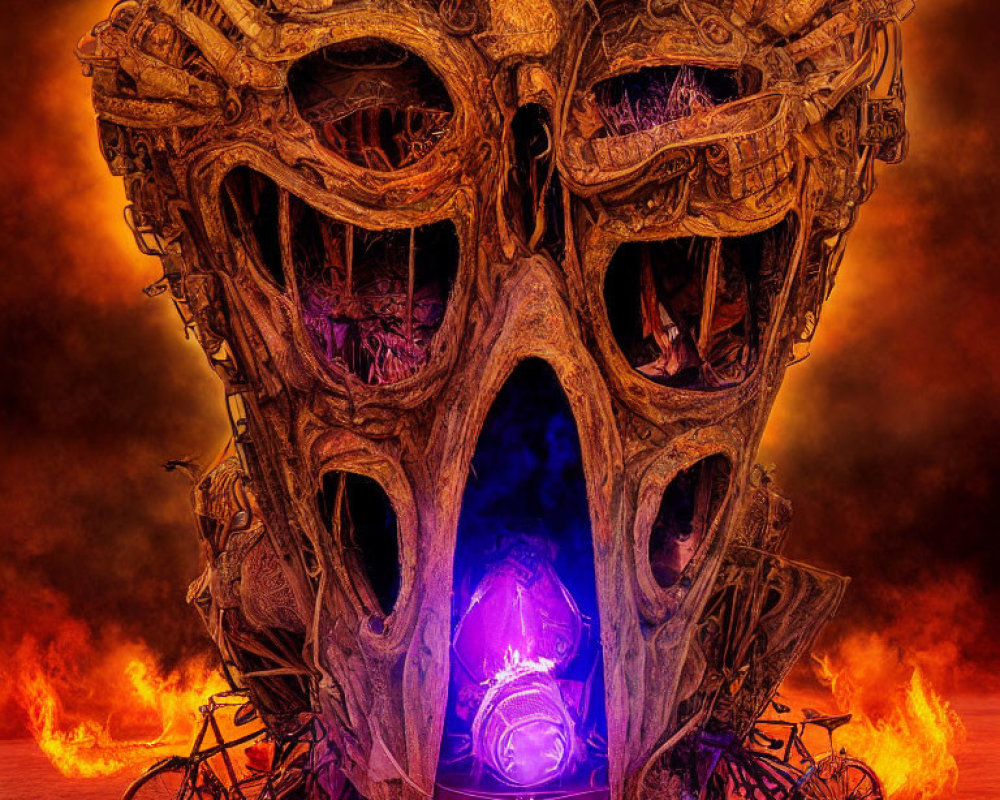 Monstrous skull facade with glowing eyes and flames, surrounded by abandoned bicycles and a smaller purple-l