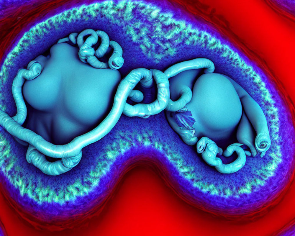 Vivid 3D human embryo and placenta in uterus with blue and red colors