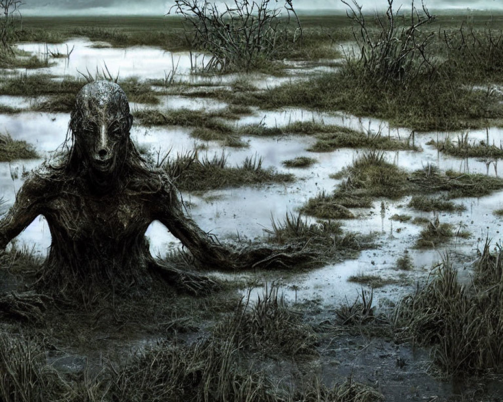 Eerie swamp scene with rising creature and dead trees