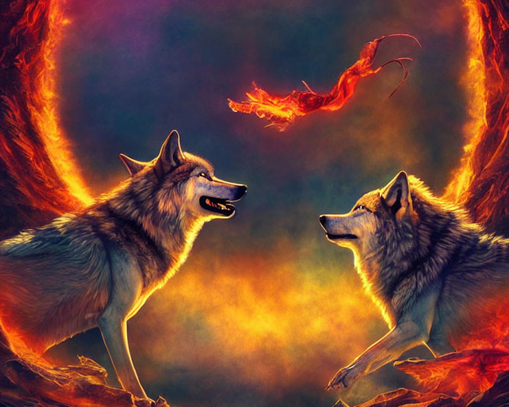 Two wolves in fiery mystical scene with circular portal above