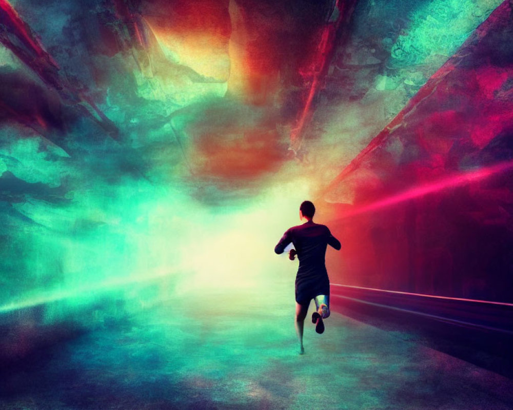 Vibrant red and turquoise surreal tunnel with running person