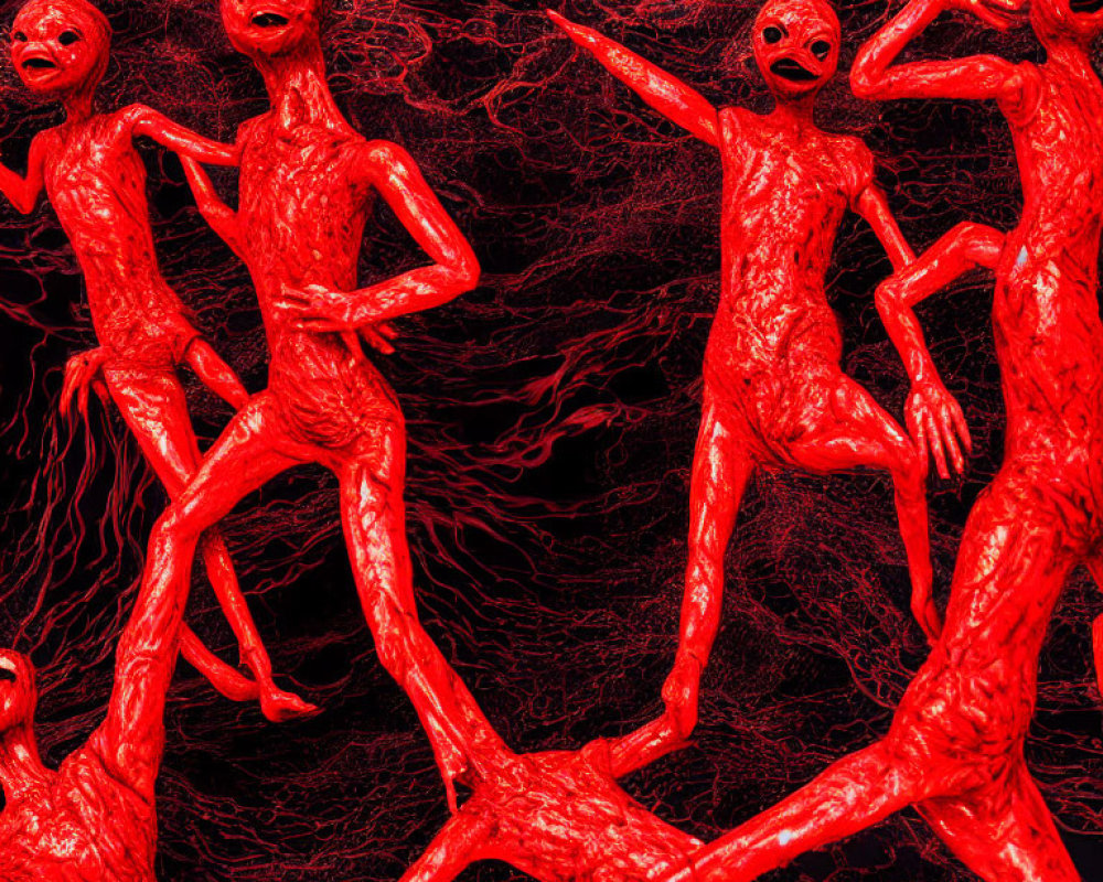 Elongated-limbed red creatures on dark, web-like background