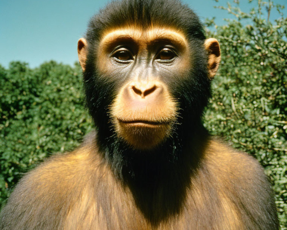 Brown-furred monkey with dark eyes in green foliage and blue sky