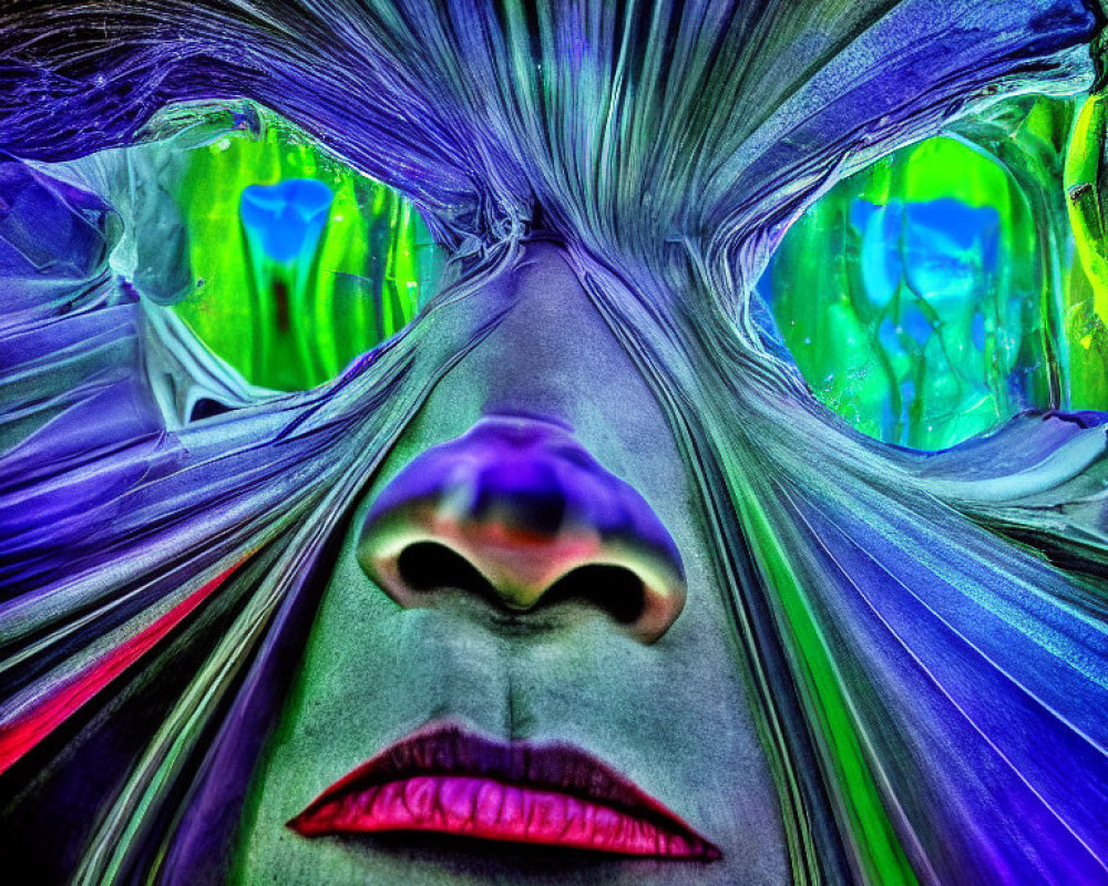 Abstract Image: Blue and Green Hues, Human-like Face with Red Lips