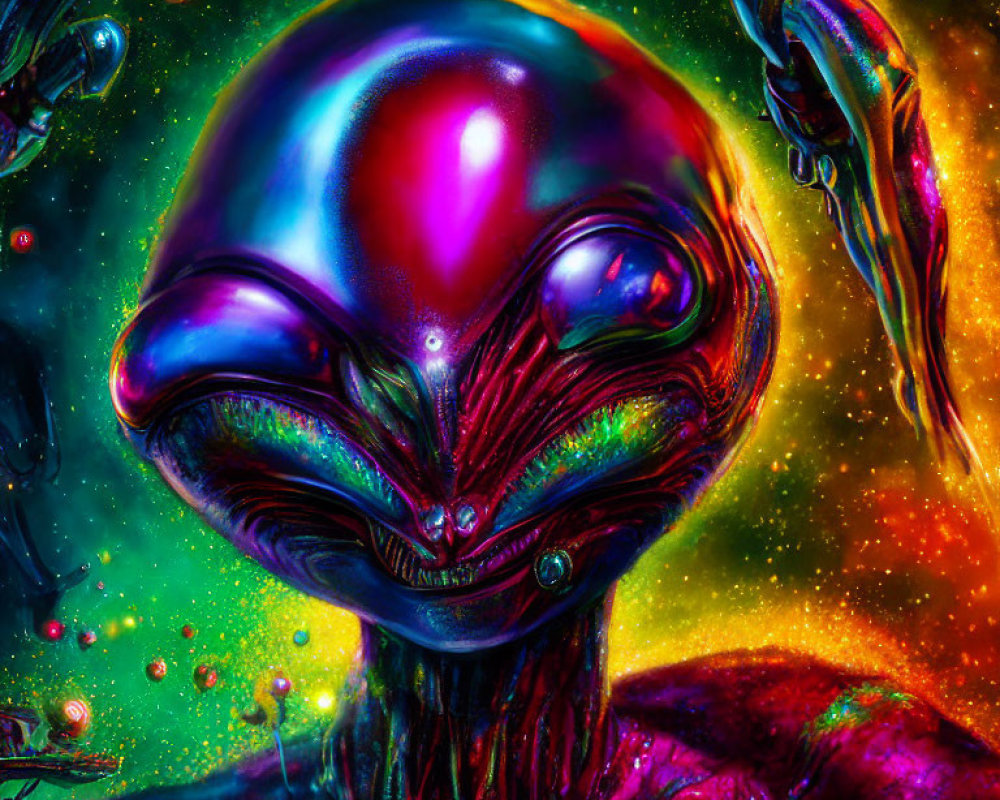 Colorful alien figure in cosmic setting with big eyes and large head