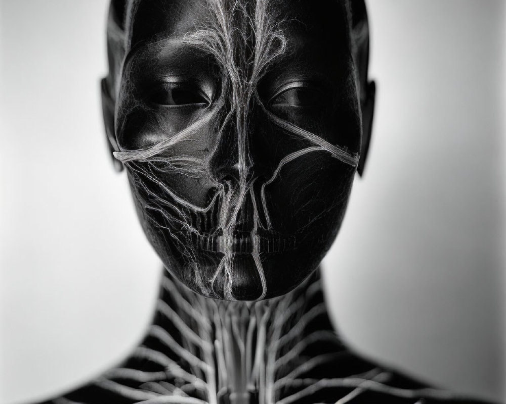 Detailed Monochrome Face and Neck Painted as Anatomical Muscles and Nerves