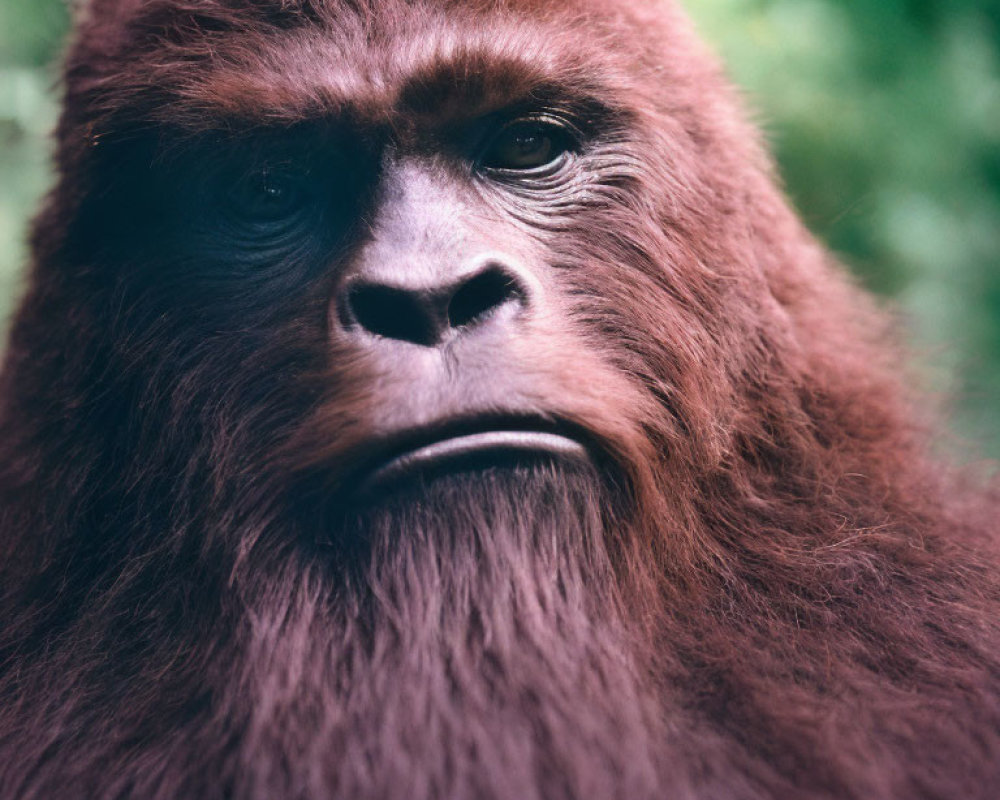 Brown gorilla with thoughtful expression in close-up against green background