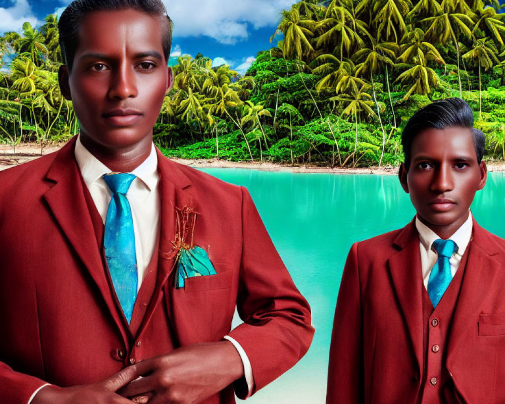 Two Men in Matching Red Suits with Blue Ties Standing in Tropical Setting