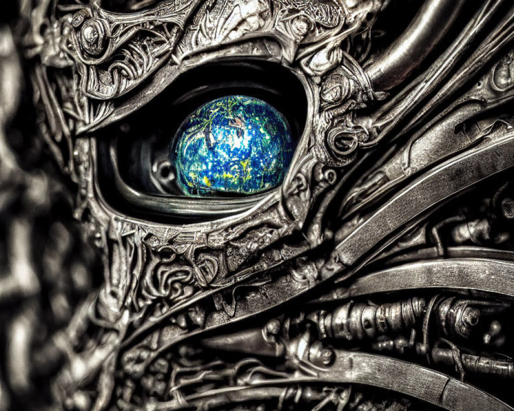 Detailed metallic sculpture with eye and iridescent pupil