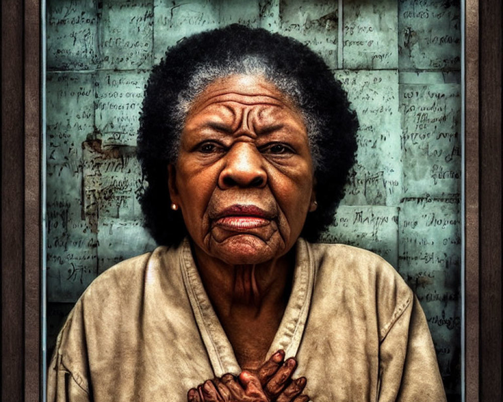 Elderly woman with solemn expression in window frame with handwritten text.