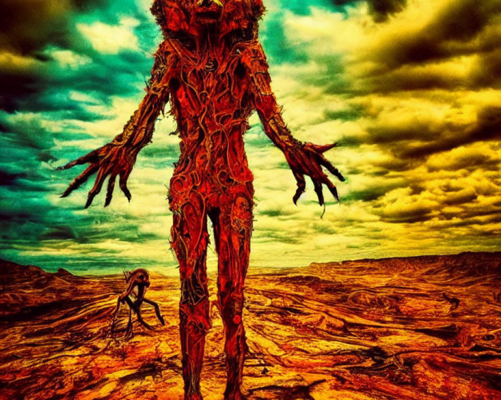 Red skeletal creature with horns in dystopian landscape under stormy sky