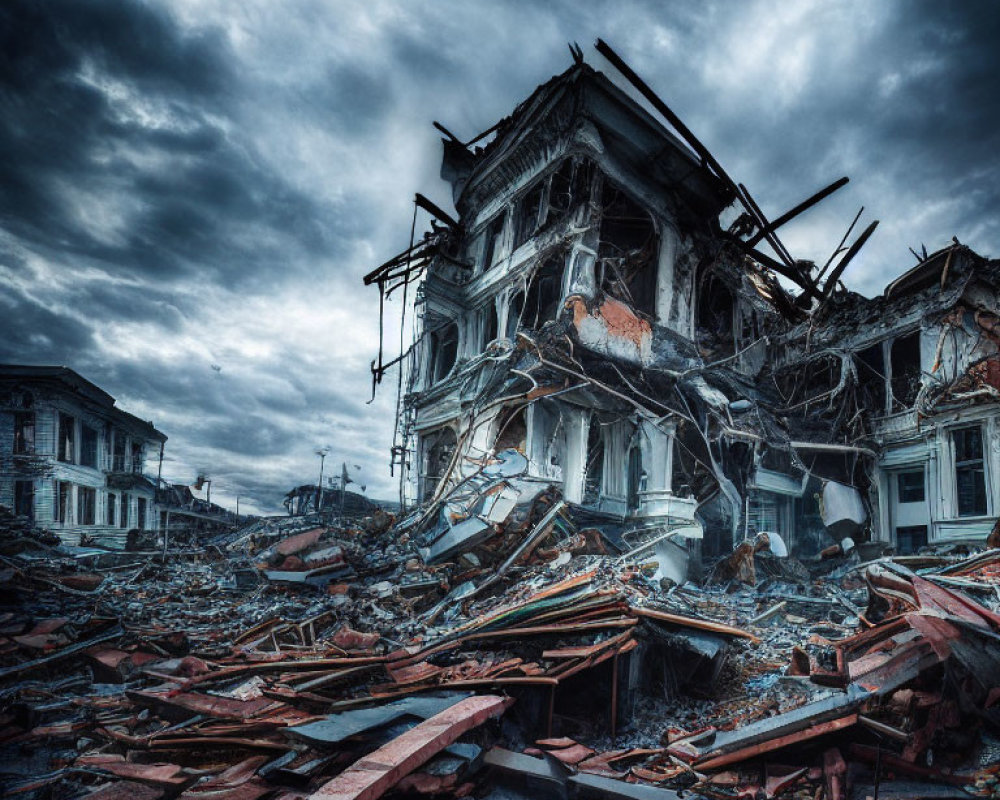 Abandoned building in ruins under stormy sky