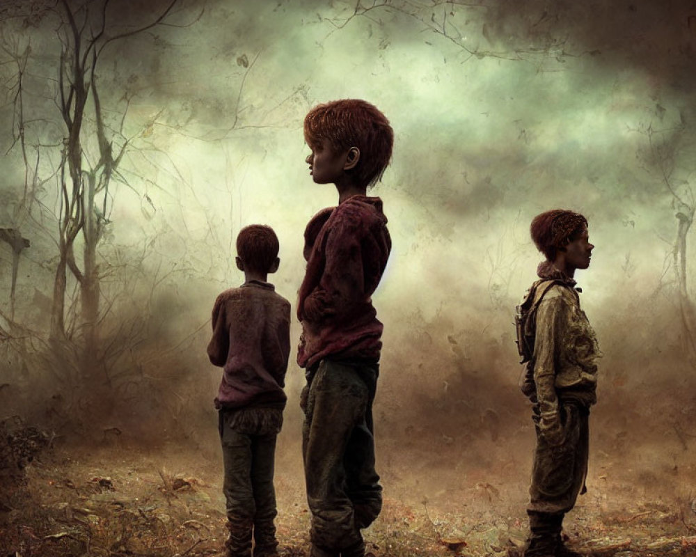 Three children in contemplative stance in gloomy forest clearing