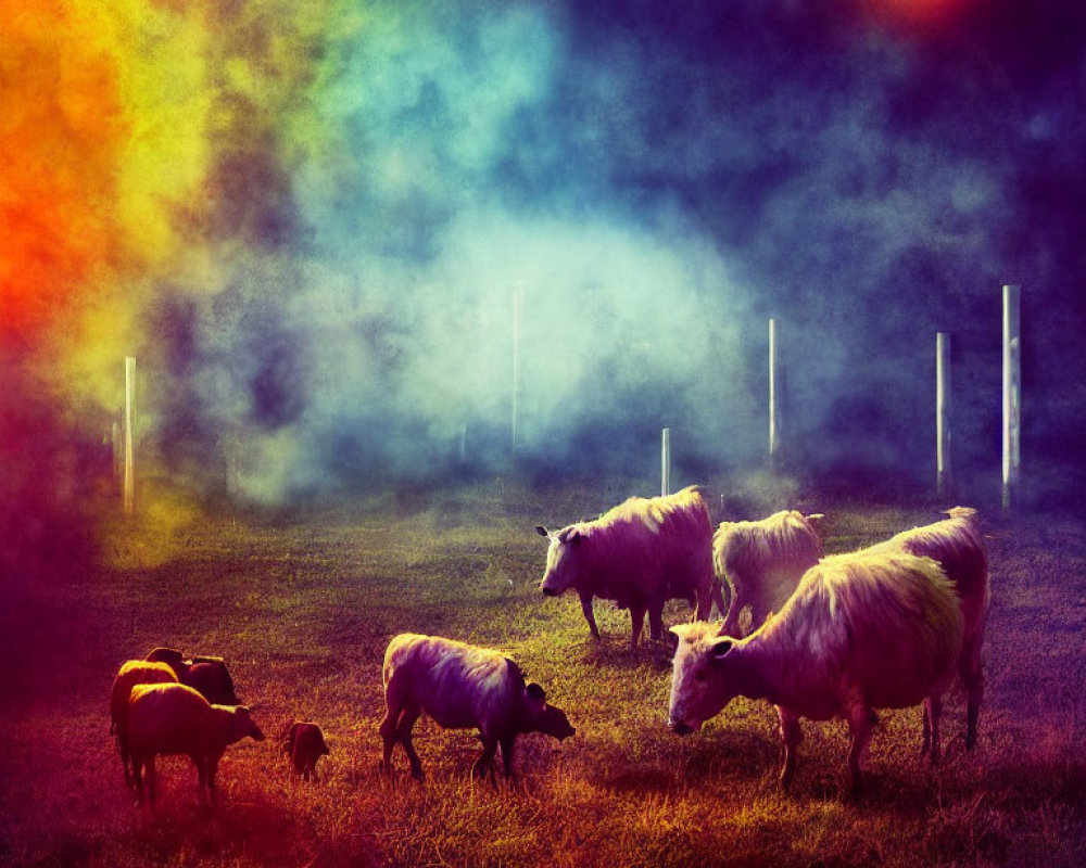 Mystical field with grazing sheep and colorful smoke