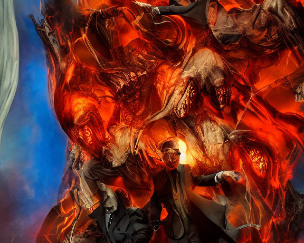 Man in suit levitates in fiery chaos with fantastical creatures in dark environment