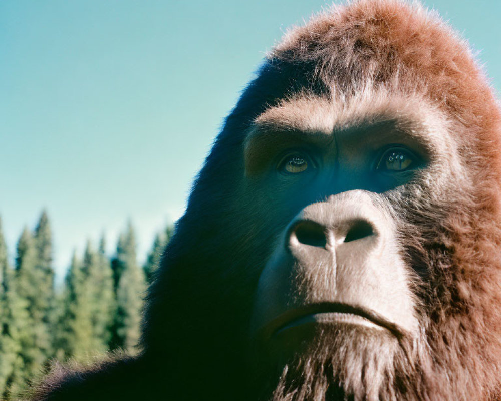 Gorilla's pensive face in forest setting