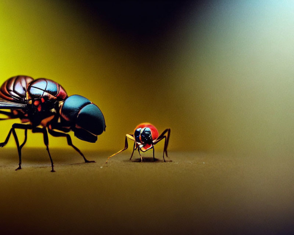 Iridescent flies on yellow-to-dark gradient background