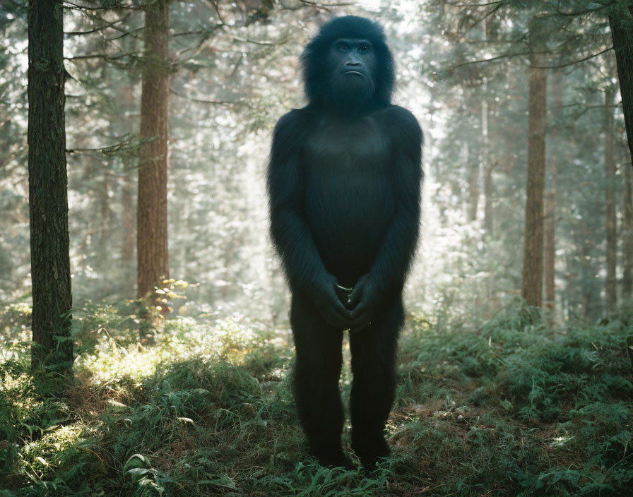 Black Snub-Nosed Monkey in Misty Forest with Sunlight Filtering