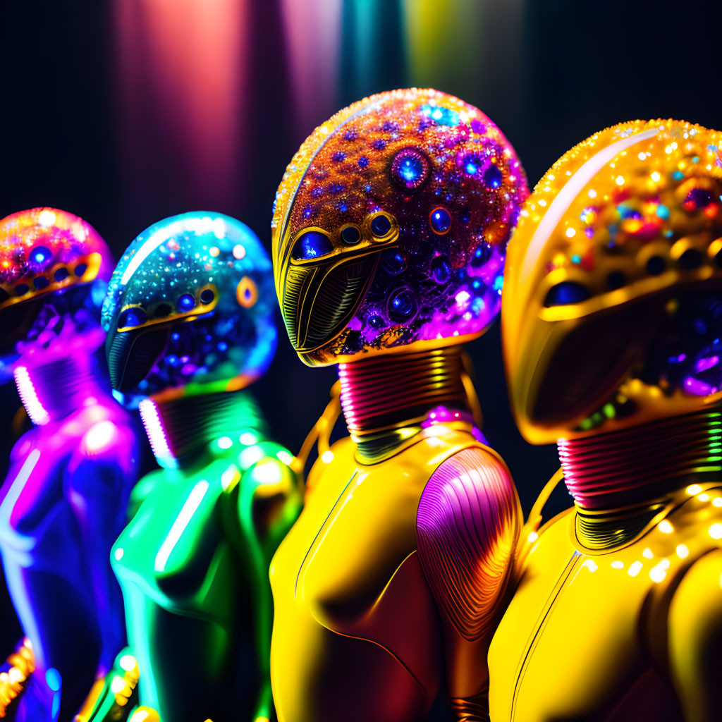 Vibrant futuristic robots with neon-lit, intricate heads and muscular bodies