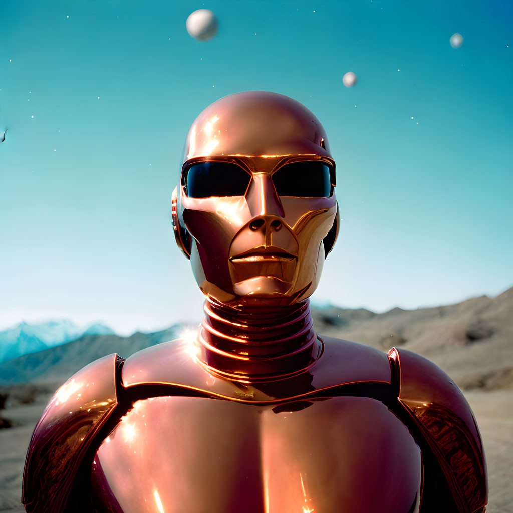 Reflective Copper Robot Stands in Desert with Floating Orbs