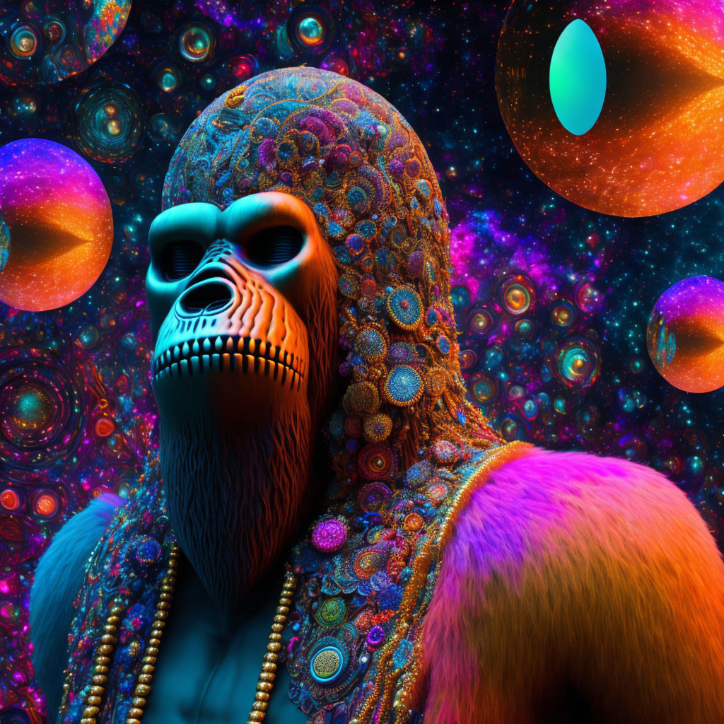 Colorful Gorilla Artwork with Patterned Face Mask in Cosmic Setting