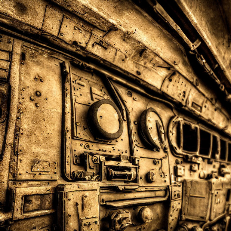 Aged dials and control panels in vintage aircraft cockpit