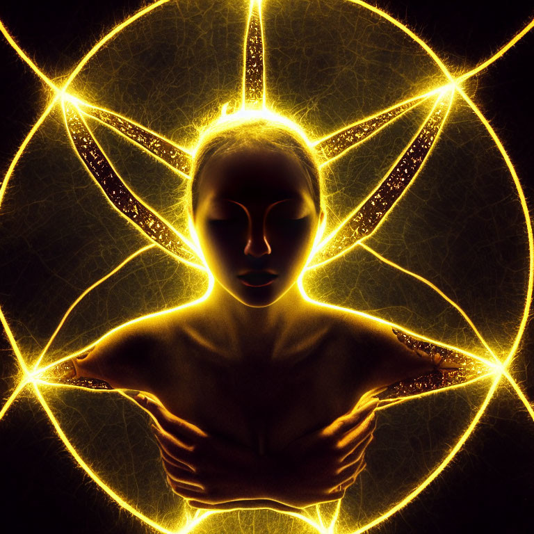 Mystical figure with glowing aura on dark background