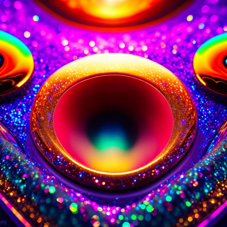 Symmetrical, iridescent close-up pattern with central hole and sparkling textures