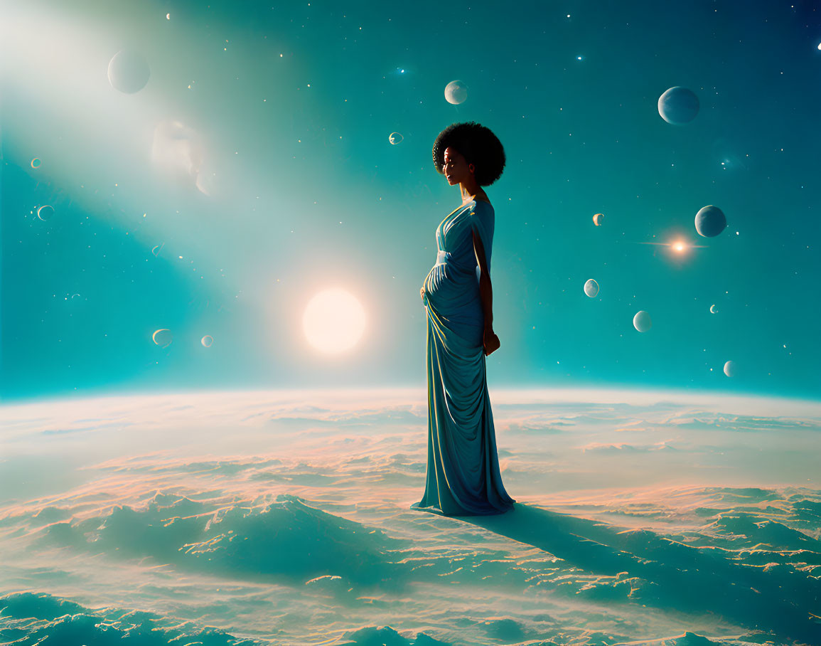 Pregnant woman in surreal bubble-filled scene with sunlit clouds