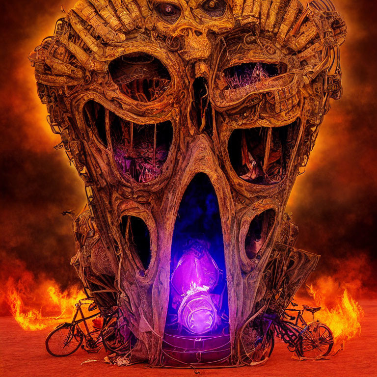 Monstrous skull facade with glowing eyes and flames, surrounded by abandoned bicycles and a smaller purple-l