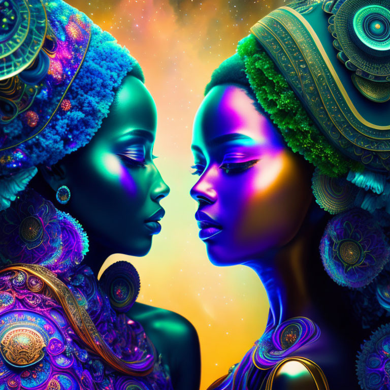 Colorful digital artwork: two stylized women profiles with intricate headpieces on cosmic backdrop