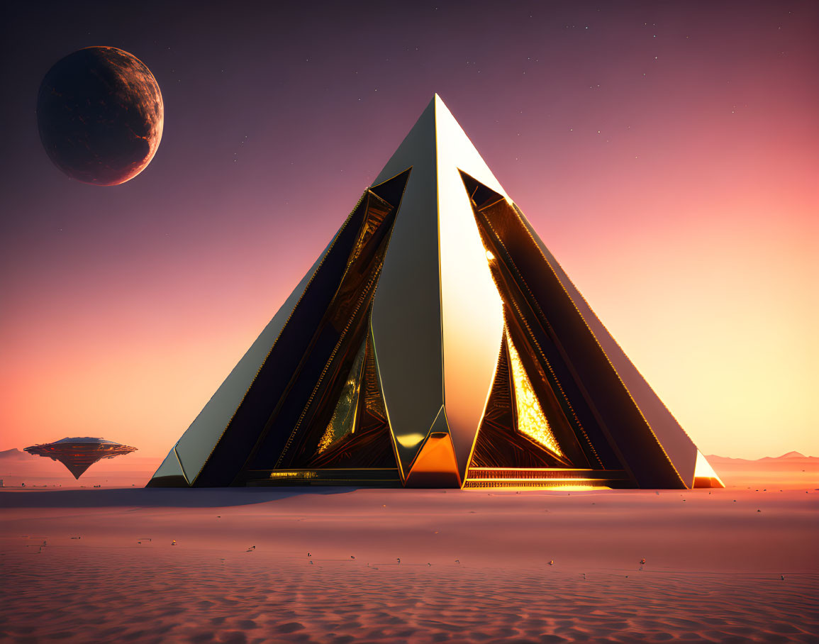 Futuristic pyramid structure on desert landscape with twilight sky