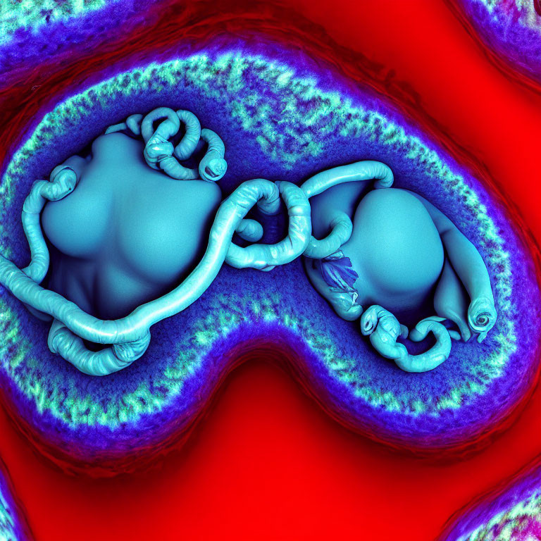 Vivid 3D human embryo and placenta in uterus with blue and red colors