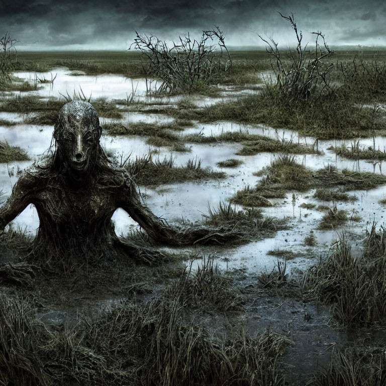 Eerie swamp scene with rising creature and dead trees