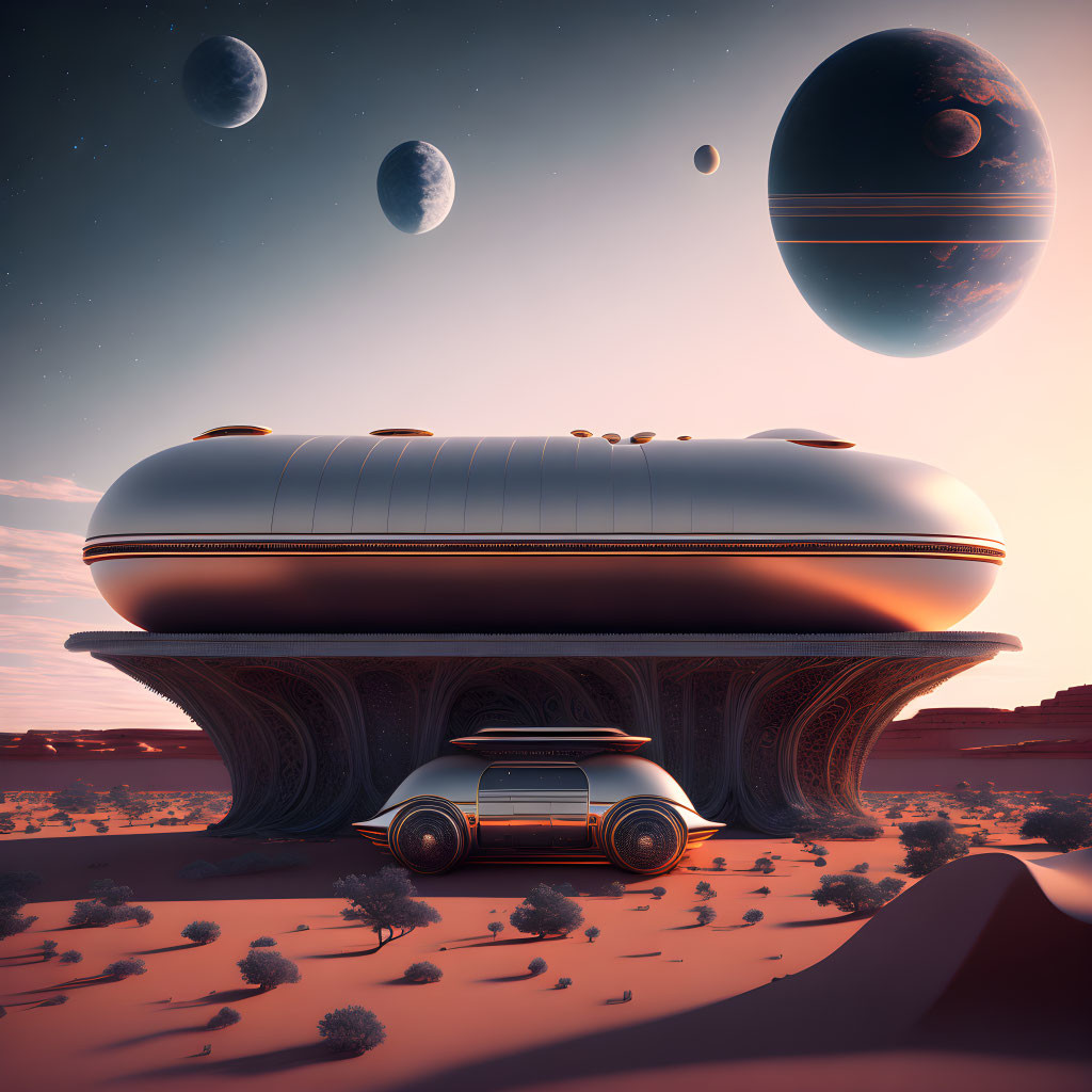 Retro-futuristic building on alien terrain with classic car and planets at sunset