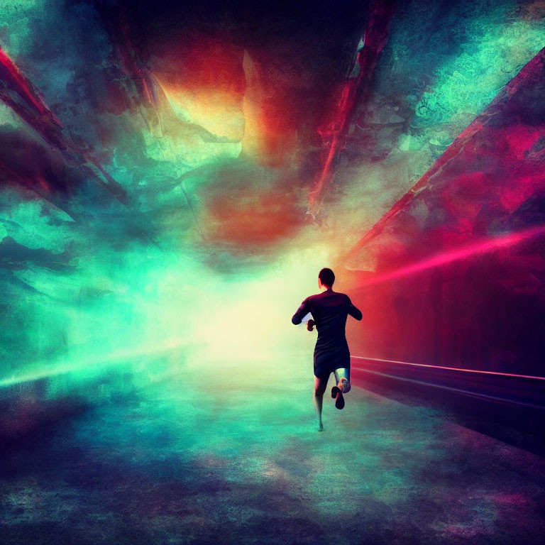 Vibrant red and turquoise surreal tunnel with running person