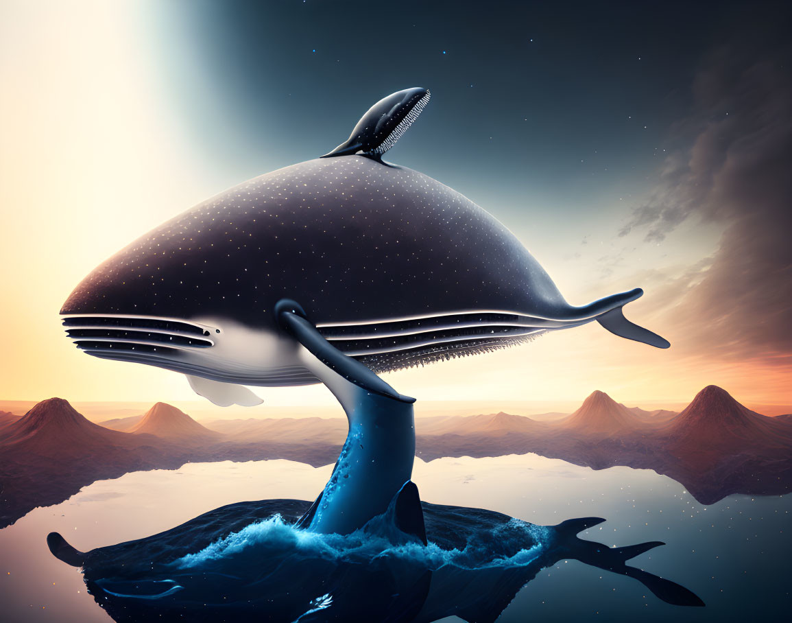 Surreal whale with starry night sky texture floating above water at sunset