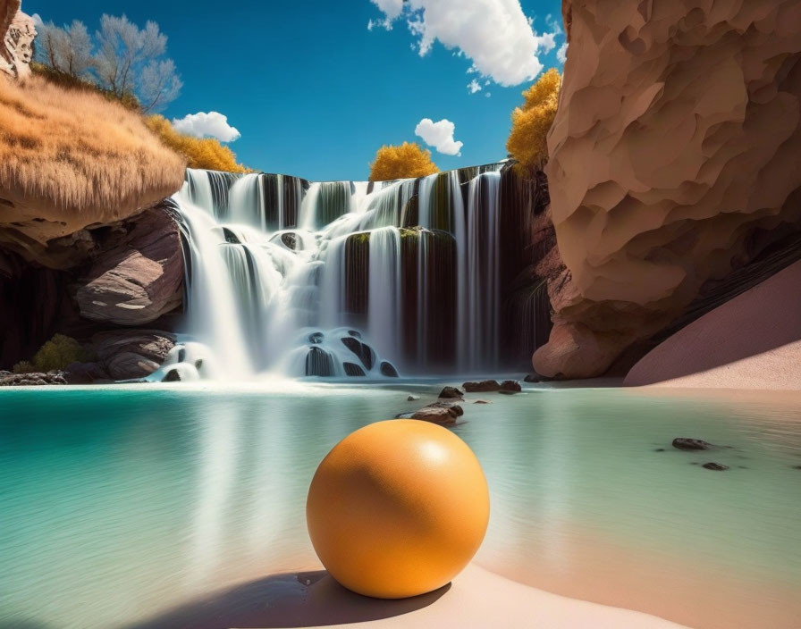 Scenic waterfall with rocky ledge, blue pool, foliage, and orange sphere