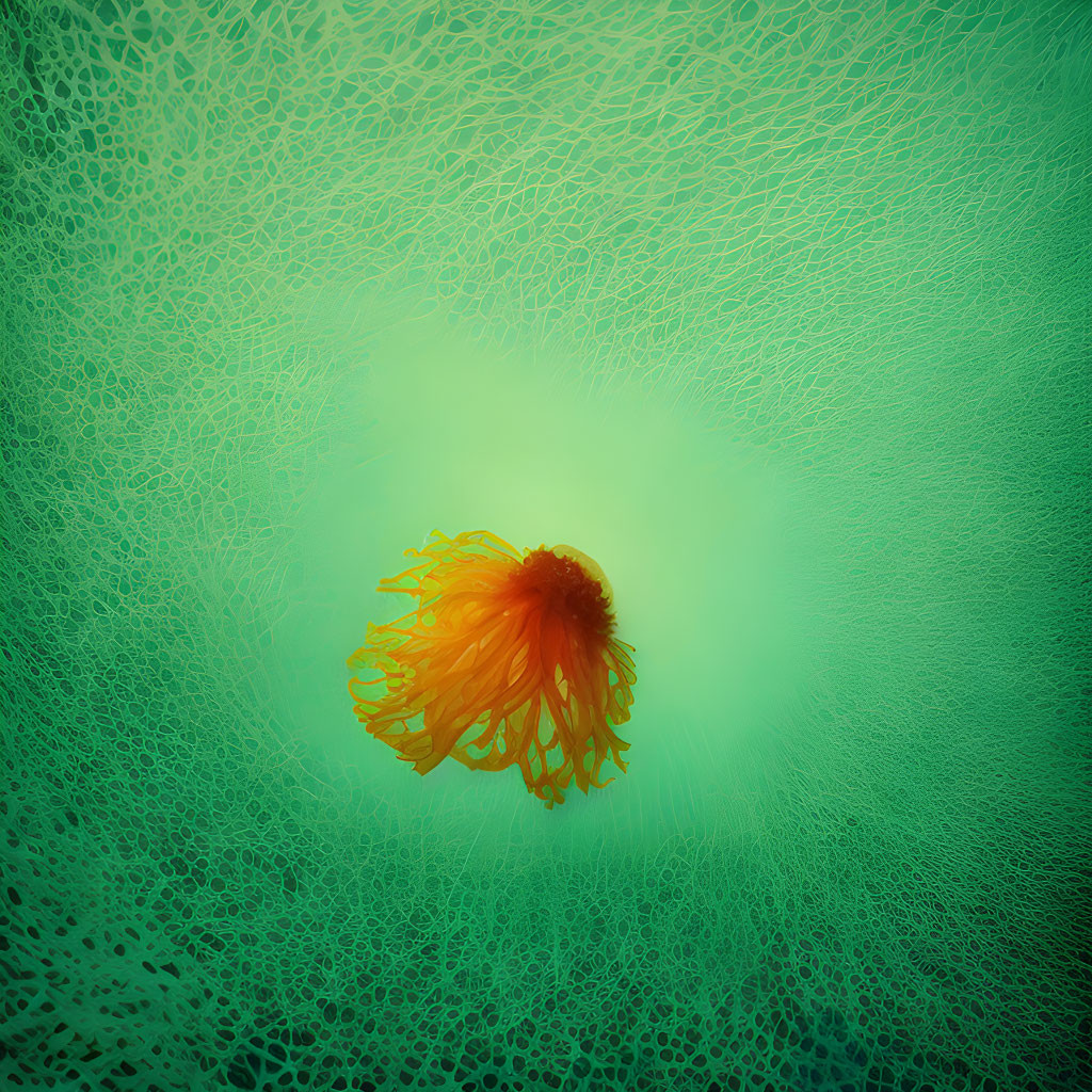 Orange jellyfish with delicate tentacles in serene green underwater scene