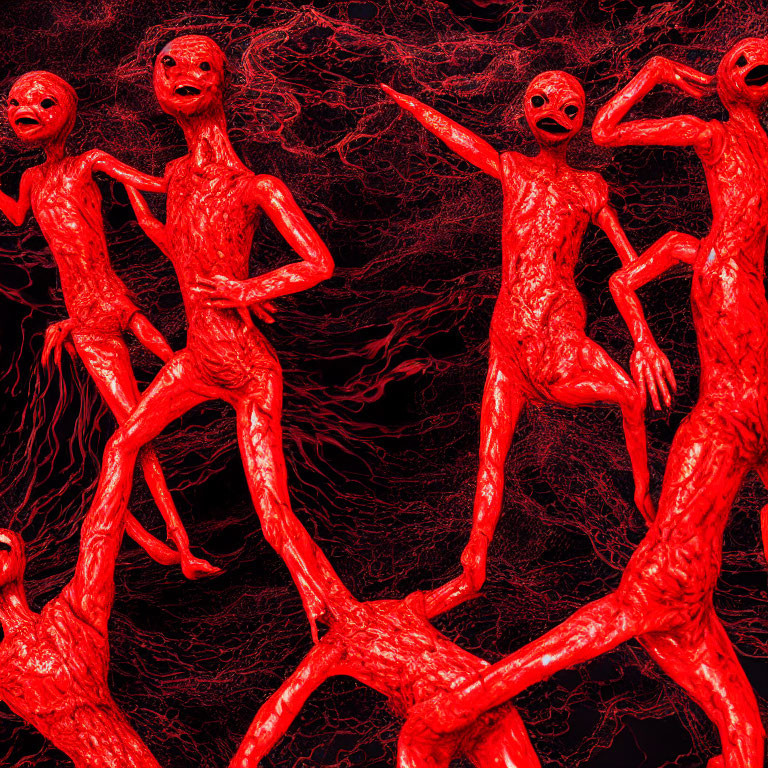 Elongated-limbed red creatures on dark, web-like background