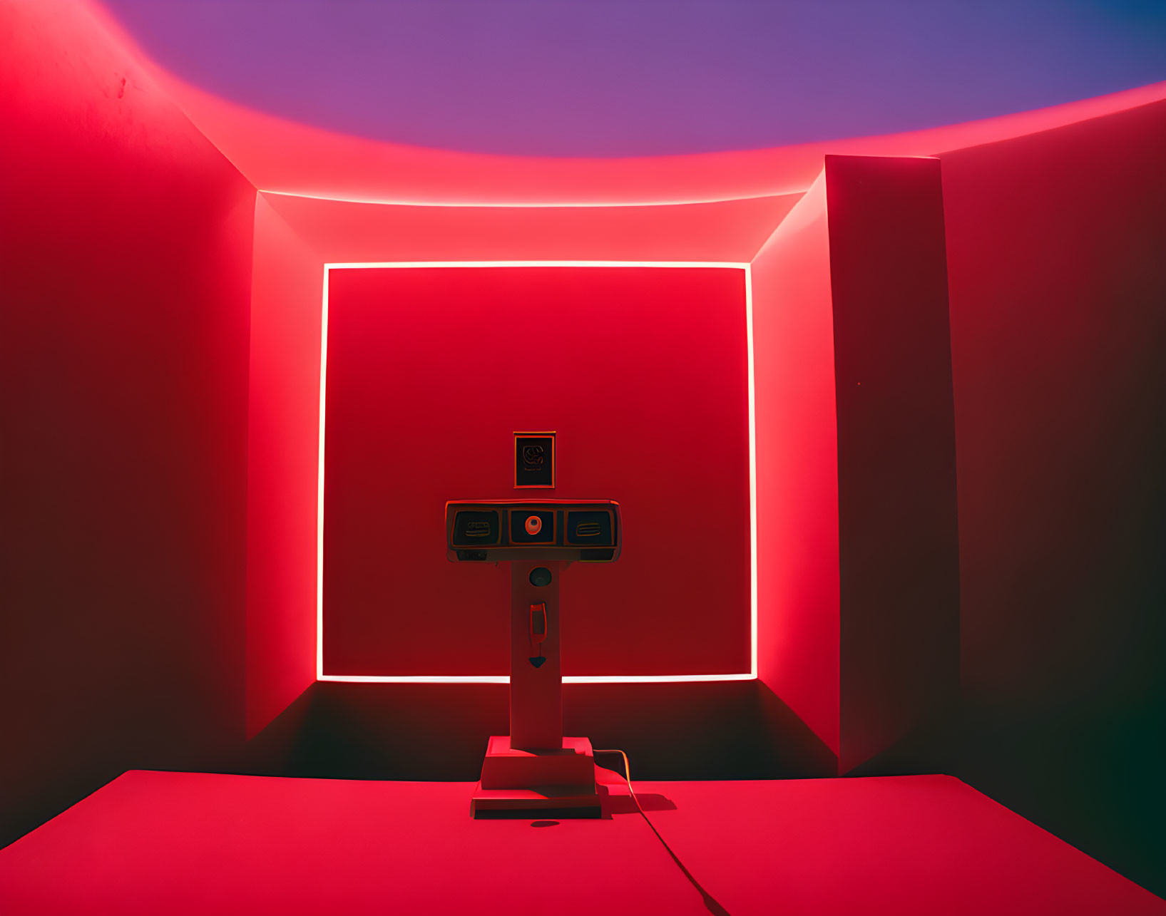 Minimalist Room with Red Walls and Neon Light Frame, Central Interactive Installation with Screen and Buttons