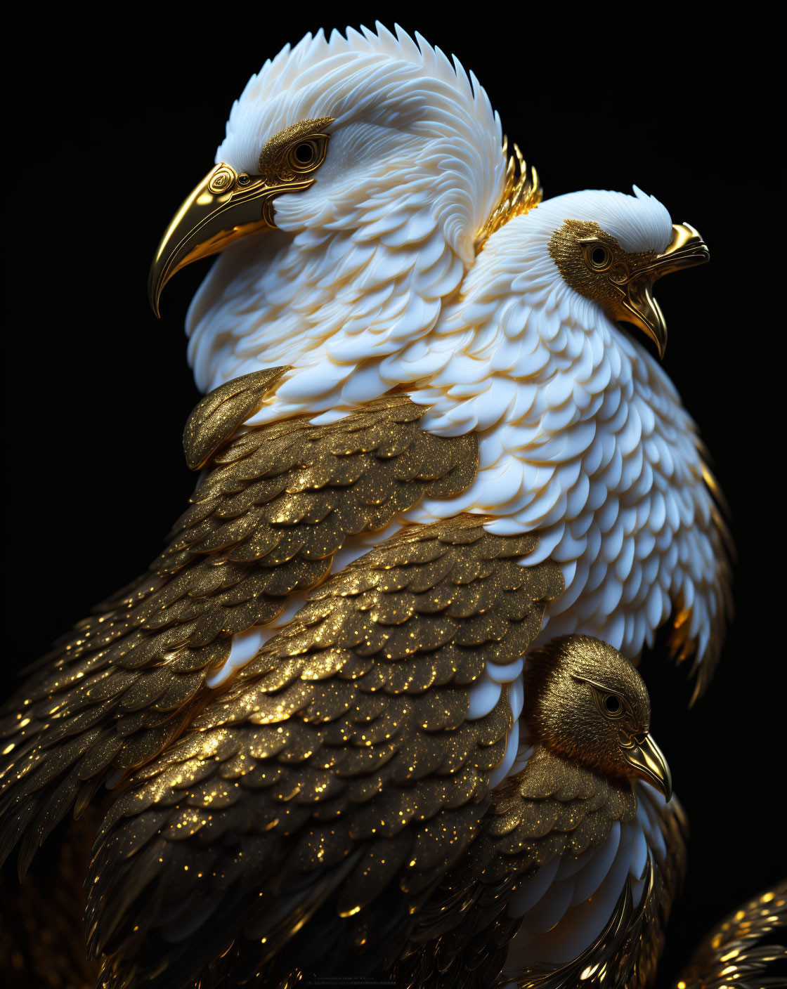 Stylized digital artwork featuring two eagles with white and golden feathers