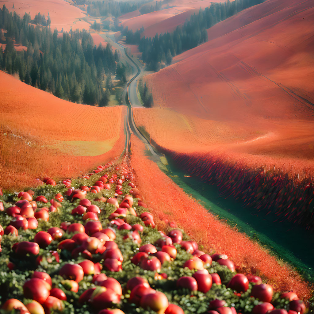 Scenic Landscape with Winding Road and Red Apples in Rolling Hills