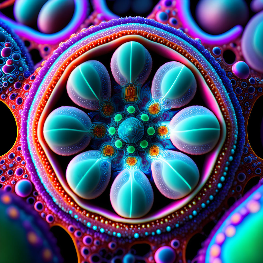 Intricate fractal pattern with layered spherical shapes in rich blues and pinks