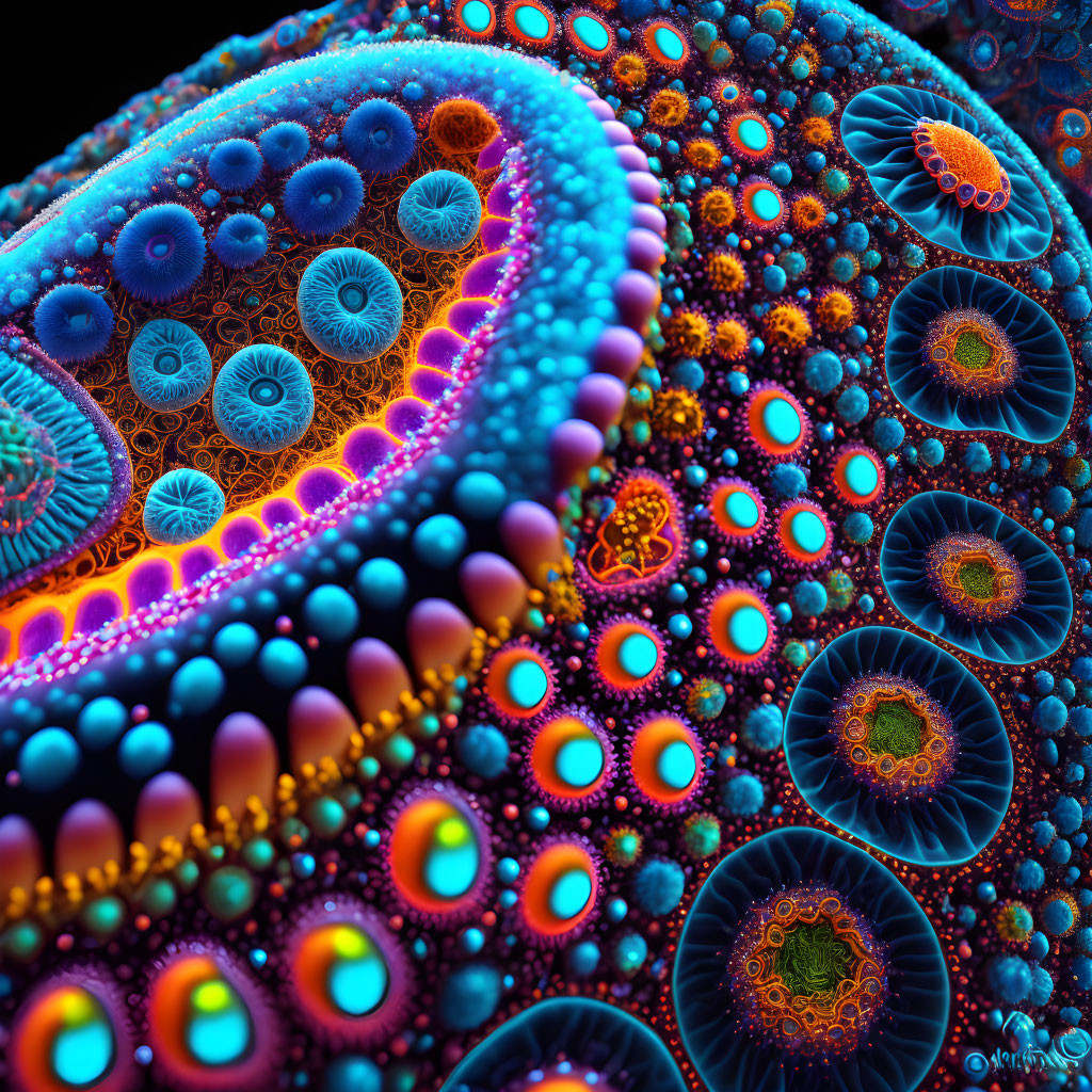 Colorful Digital Fractal Art: Coral-like Patterns in Blues, Oranges, and Purples